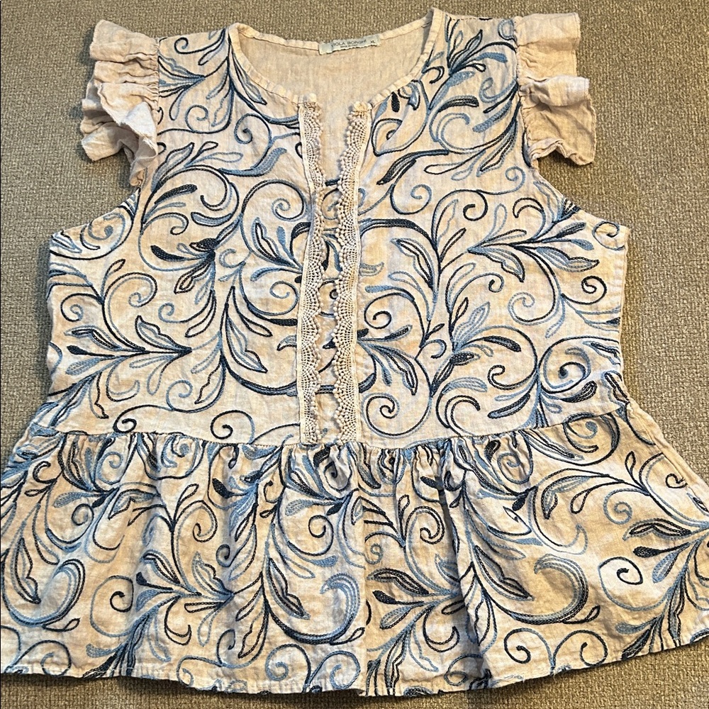 Viola Borghi Italy 100% Linen Tan Tunic Shirt Blue Embroidery Ruffles XL